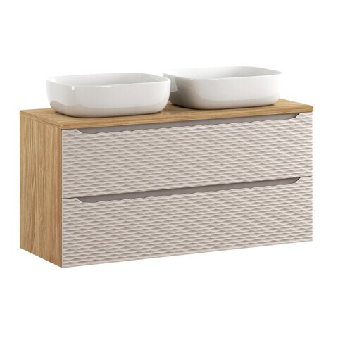 Set mobilier baie, dulap cu sertare si 2 lavoare, 120 cm S Un Smile, Ocean Beige, Comad, MDF/PAL laminat, stejar