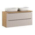 Set mobilier baie, dulap cu sertare si 2 lavoare, 120 cm S Un Smile, Ocean Beige, Comad, MDF/PAL laminat, stejar