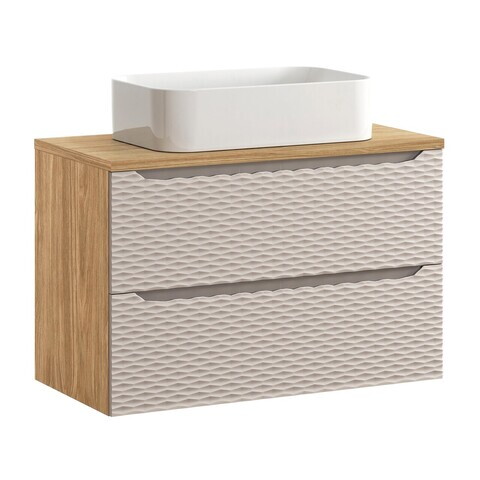 Set mobiler baie, dulap cu lavoar, 90 cm  S Un Kati, Ocean Beige, Comad, MDF/PAL laminat, stejar