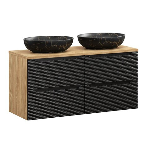 Set mobilier baie, dulap dublu si 2 lavoare, 120 cm Mona, Ocean Black, Comad, MDF/PAL laminat, negru mat/stejar