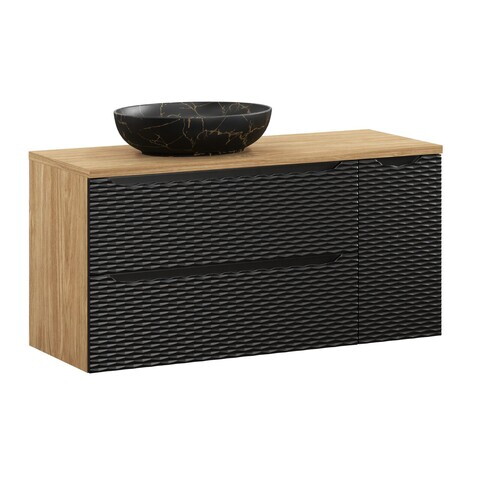 Set mobilier baie, dulap dublu cu lavoar, 120 cm Mona, Ocean Black, Comad, MDF/PAL laminat, negru mat/stejar