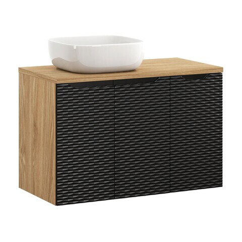 Set mobiler baie, dulap dublu cu lavoar, 90 cm, Ocean Black, Comad, MDF/PAL laminat, negru mat/stejar