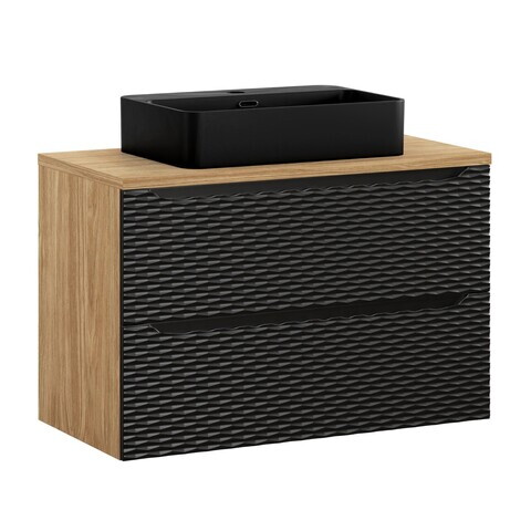 Set mobiler baie, dulap cu lavoar, 90 cm S Trust , Ocean Black, Comad, MDF/PAL laminat, negru mat/stejar