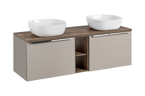 Set mobilier baie, dulap dublu si 2 lavoare, 140 cm, Santa Fe Taupe, Comad, MDF/PAL laminat, gri/stejar santa fe vintage