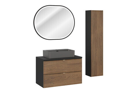 Set mobilier baie, masca cu lavoar, dulap inalt si oglinda LED, 80 cm Trust, Talia Casella Black, Comad, MDF/PAL laminat, stejar casella/negru mat