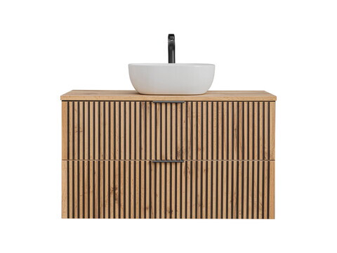 Set mobiler baie, dulap cu lavoar, 100 cm, Xilo, Comad, MDF/PAL laminat, stejar wotan/ gri piatra