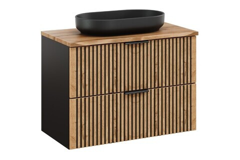 Set mobiler baie, dulap cu lavoar, 80 cm Wotan, Xilo, Comad, MDF/PAL laminat, stejar wotan/ gri piatra