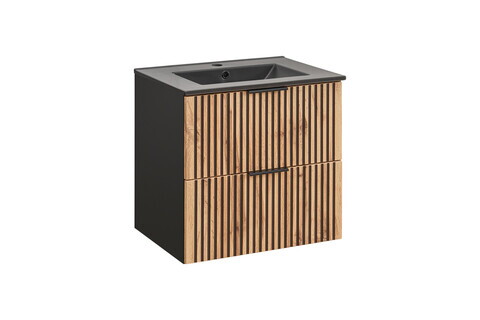 Set dulap de baie cu lavoar si sifon, 60 cm Lava, Xilo Black, Comad, MDF/PAL laminat, stejar wotan/ gri piatra
