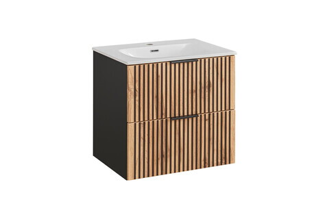 Set dulap de baie cu lavoar si sifon, 60 cm, Xilo, Comad, MDF/PAL laminat, stejar wotan/ gri piatra