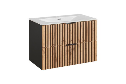 Set dulap de baie cu lavoar si sifon, 80 cm, Xilo, Comad, MDF/PAL laminat, stejar wotan/ gri piatra