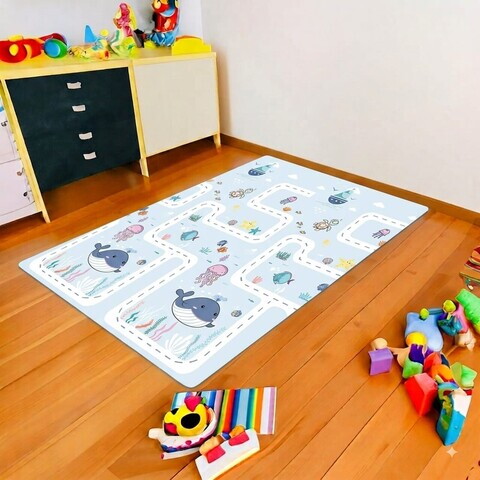 Covor de joaca pentru copii, cu 2 fete, impermeabil si izolant, Marin, U-grow, 180x120x1 cm, spuma, multicolor