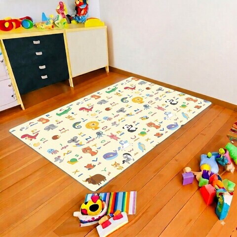 Covor de joaca pentru copii, cu 2 fete, impermeabil si izolant, Educativ, U-grow, 180x120x1 cm, spuma, multicolor