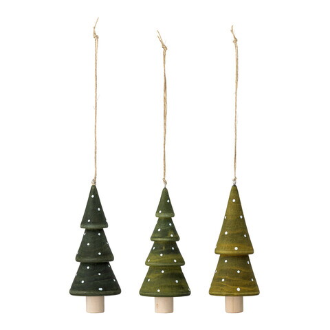 Set 3 decoratiuni brad, Bloomingville, Jayli, 5x11.5 cm, lemn de cauciuc, verde