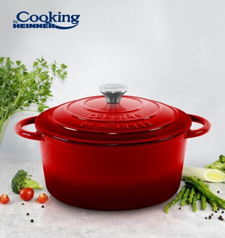 Semioala cu capac Red Line, Cooking by Heinner, 4.8L, 26x12 cm, fonta emailata, rosu