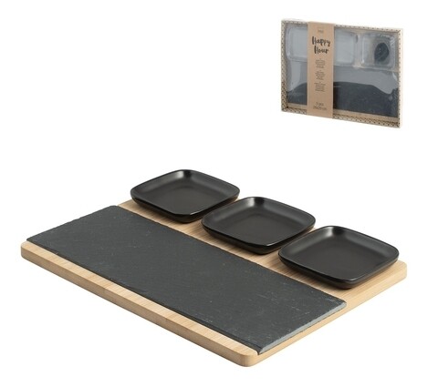 Set 3 boluri si platou pentru aperitive H&H, 26 x 20 cm, bambus/ardezie