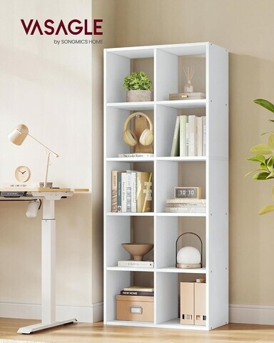 Biblioteca cu 10 compartimente, Scandinavian Style, Vasagle, 65.5x30x161.5 cm, PAL, alb cloud
