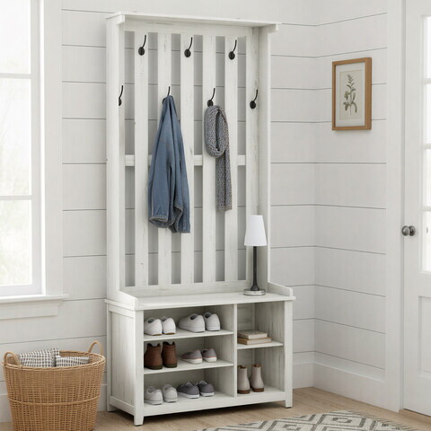 Cuier cu bancheta si pantofar, Country Style, Vasagle, 80x39.5x178.6 cm, MDF/PAL, alb rustic