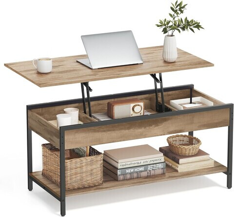 Masuta de cafea cu blat rabatabil, Vasagle, 100x50x48-63 cm, otel/PAL, camel