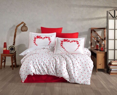 Lenjerie de pat dubla, L'essentiel Maison, Amore, Bumbac Satinat, Alb/Rosu