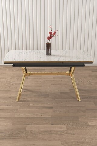 Masa extensibila, Hanah Home, Sim, 89x76x150 cm, Model de marmură albă / Auriu
