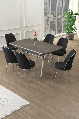 Set masa extensibila si scaune (7 piese), Hanah Home, Poy, Antracit / Crom / Negru
