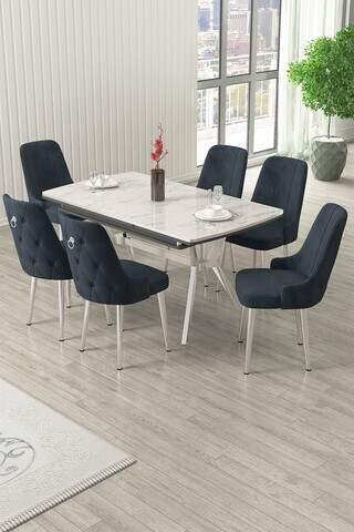 Set masa extensibila si scaune (7 piese), Hanah Home, Nis, Model de marmură albă / Crom / Antracit