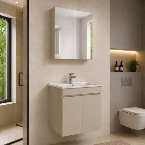 Set Dulap de Baie cu Chiuvetă și Oglindă (2 Piese), Hanah Home, Fold 60, Latte
