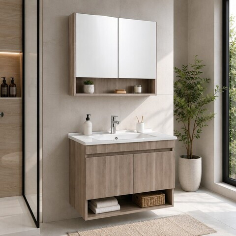 Set Dulap de Baie cu Chiuvetă și Oglindă (2 Piese), Hanah Home, Compacta 80, Mesteacăn musonic
