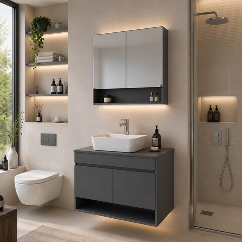 Set Dulap de Baie cu Chiuvetă și Oglindă (2 Piese), Hanah Home, Compacta Bowl 80, Gri carbon închis