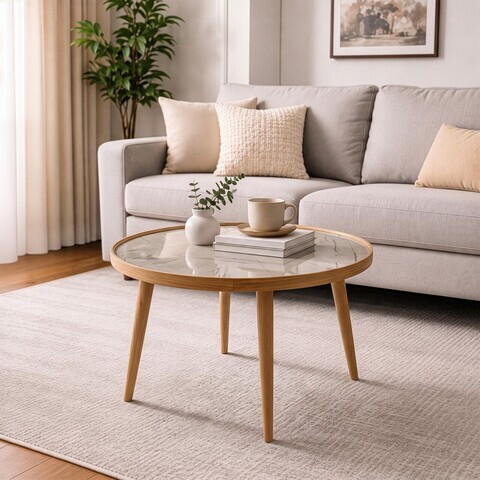 Masuta de cafea, Hanah Home, Polen 80, 80x48x80 cm, LEMN MASIV DE FAG, Stejar / Marmură gri