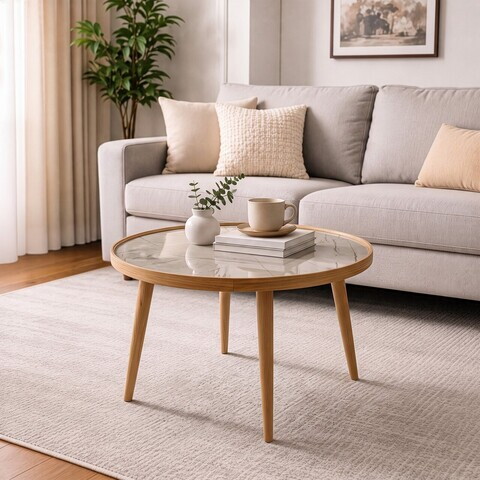 Masuta de cafea, Hanah Home, Polen 80, 80x48x80 cm, LEMN MASIV DE FAG, Stejar / Marmură albă