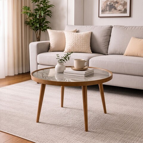 Masuta de cafea, Hanah Home, Polen 80, 80x48x80 cm, LEMN MASIV DE FAG, Nuc / Marmură gri