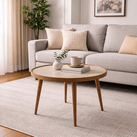 Masuta de cafea, Hanah Home, Polen 80, 80x48x80 cm, LEMN MASIV DE FAG, Nuc / Travertin