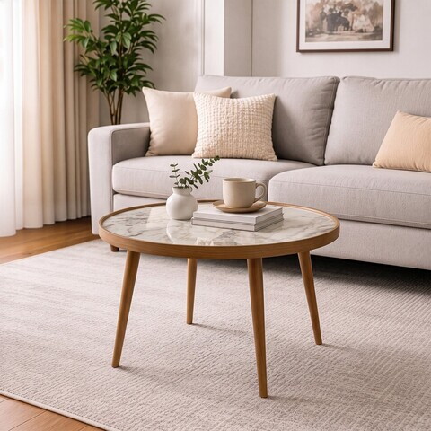 Masuta de cafea, Hanah Home, Polen 80, 80x48x80 cm, LEMN MASIV DE FAG, Nuc / Marmură Albă