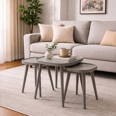 Set masute 3 piese, Hanah Home, Polen Kare 3, LEMN MASIV DE FAG, Gri