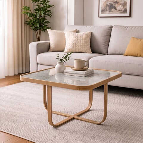 Masuta de cafea, Hanah Home, Hisar 90, 90x45x90 cm, LEMN MASIV DE STEJAR, Stejar / Marmură gri