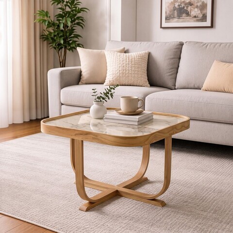 Masuta de cafea, Hanah Home, Hisar 90, 90x45x90 cm, LEMN MASIV DE STEJAR, Stejar / Marmură albă
