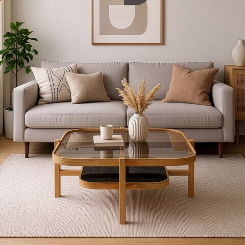 Masuta de cafea, Hanah Home, Olimpus 90, 90x48x90 cm, LEMN MASIV DE STEJAR, Stejar / Marmură neagră