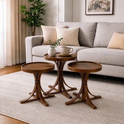 Set masute 3 piese, Hanah Home, Palm 3, LEMN MASIV DE FAG, Maro