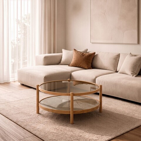Masuta de cafea, Hanah Home, Golf 100, 100x48x100 cm, LEMN MASIV DE STEJAR, Stejar / Marmură gri
