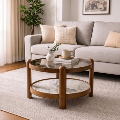 Masuta de cafea, Hanah Home, Golf 100, 100x48x100 cm, LEMN MASIV DE FAG, Nuc / Marmură Albă