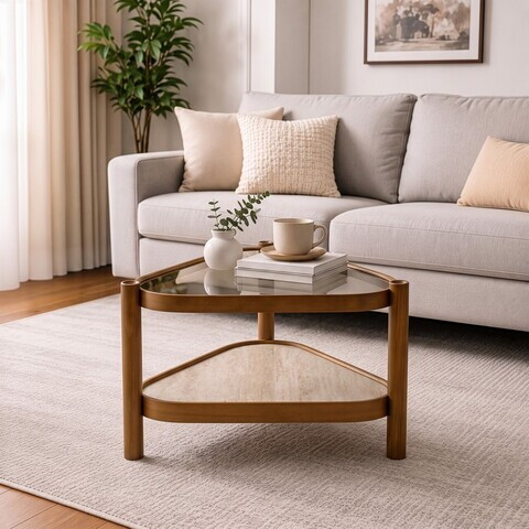 Masuta de cafea, Hanah Home, Nesta 95, 95x48x95 cm, LEMN MASIV DE FAG, Nuc / Travertin