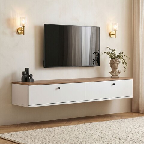 Comoda TV, Nordure, Ligne 160, 160x25x25 cm, Pin Atlantic / Alb