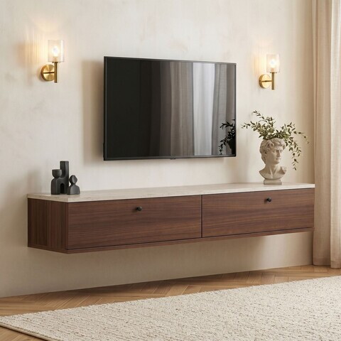 Comoda TV, Nordure, Ligne 160, 160x25x25 cm, Travertin / Nuc Milano