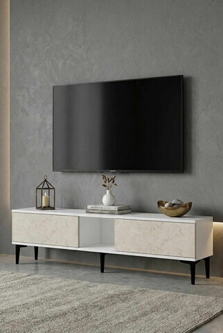 Comoda TV, Hanah Home, Didema 150, 150x40.5x30 cm, Alb / Travertin