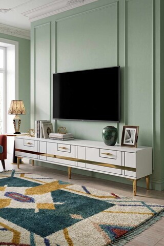 Comoda TV, Hanah Home, Ilay, 180x41x30 cm, Alb/Auriu