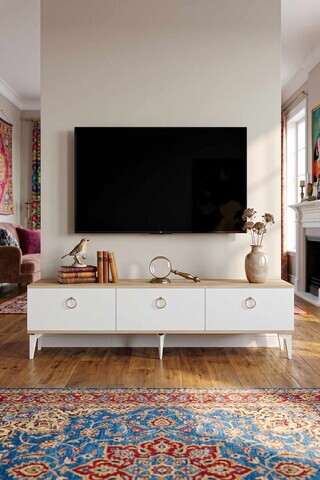 Comoda TV, Hanah Home, Demet, 180x53x30 cm, Stejar Safir / Alb