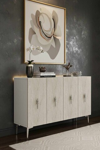 Consola, Hanah Home, Ayshe 120, 120x75x32 cm, White / Travertine / Silver