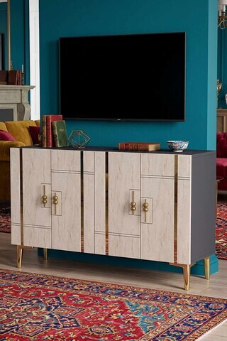 Consola, Hanah Home, Ilay 120, 120x75x32 cm, Antracit / Travertin / Auriu
