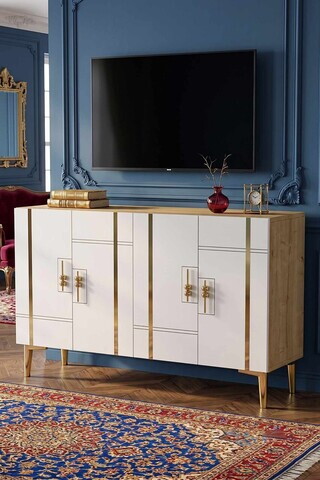 Consola, Hanah Home, Ilay 120, 120x75x32 cm, Stejar Safir / Alb / Auriu